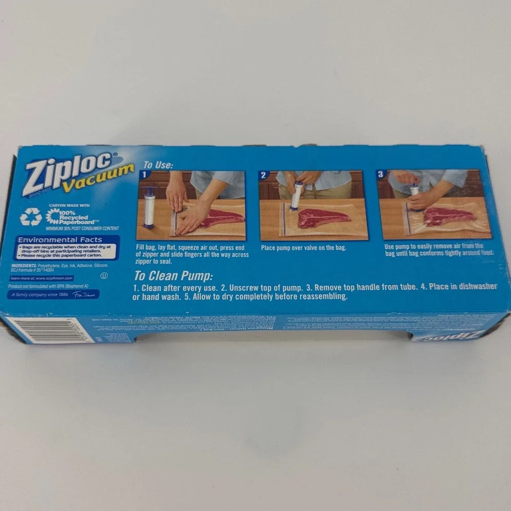 Ziploc 2013 Vacuum Starter Kit Food Storage Quart Blue Manual Pump 3 Bags